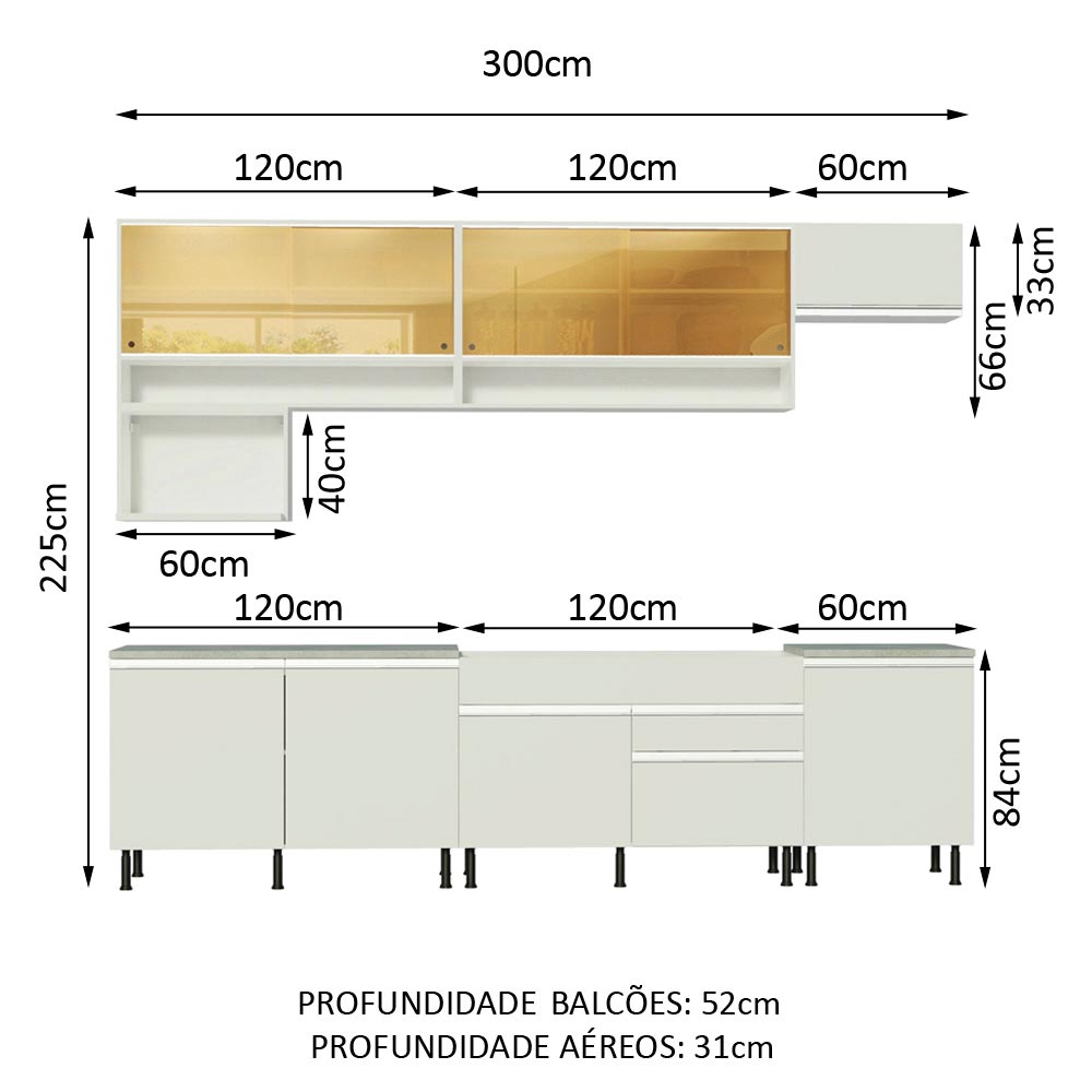 Armário de Cozinha Completa 300cm Branco Verona Madesa XASR