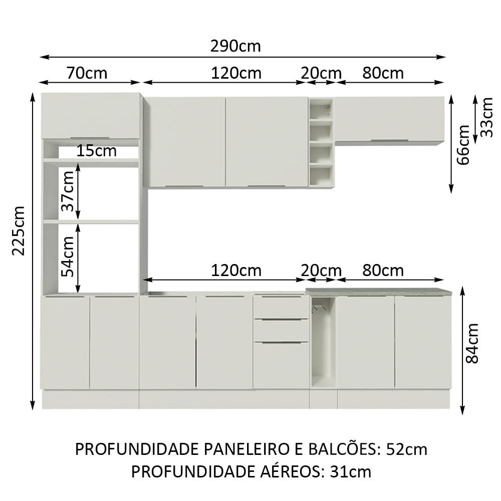 Armário de Cozinha Completa 290cm Branco Stella Madesa 01
