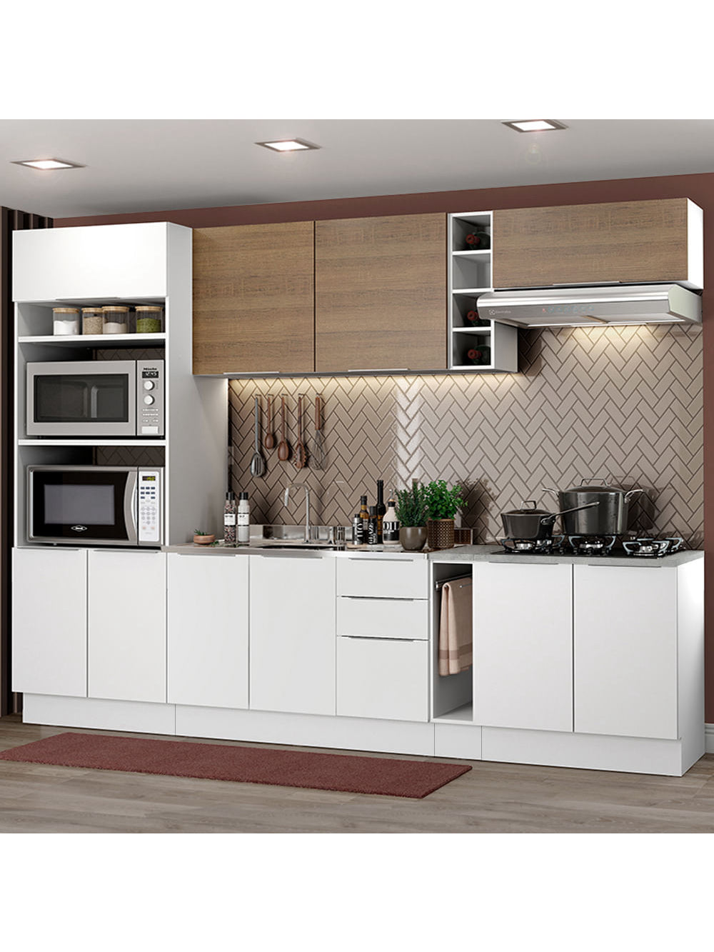 Armário de Cozinha Completa 290cm Branco/Branco/Rustic Stella Madesa 01 - Branco/Rustic