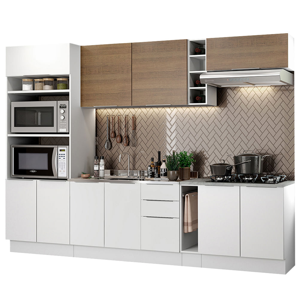 Armário de Cozinha Completa 290cm Branco/Branco/Rustic Stella Madesa 01 - Branco/Rustic