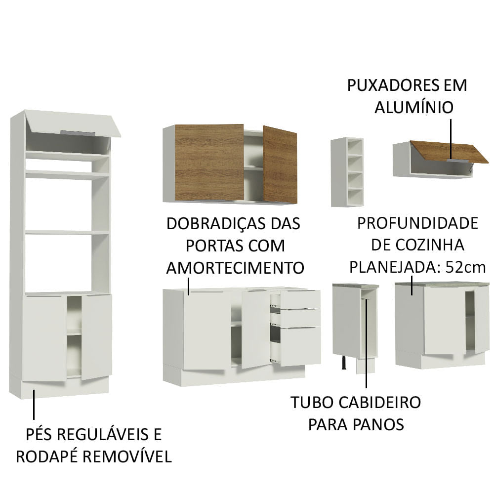 Armário de Cozinha Completa 290cm Branco/Branco/Rustic Stella Madesa 01