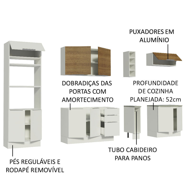 Armário de Cozinha Completa 290cm Branco/Branco/Rustic Stella Madesa 01