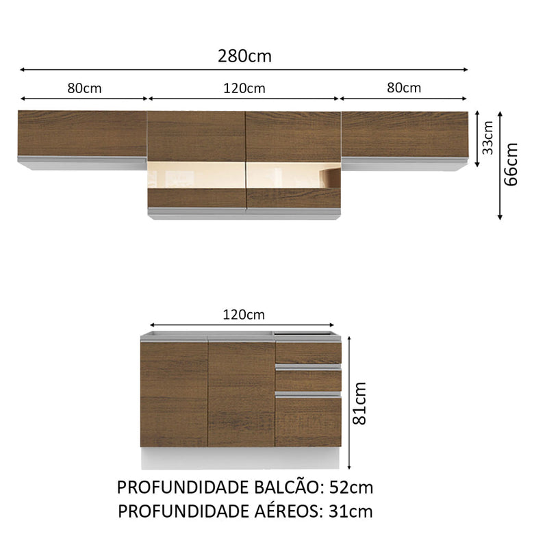 Armário de Cozinha Compacta 280cm Branco/Rustic Marina Madesa 01