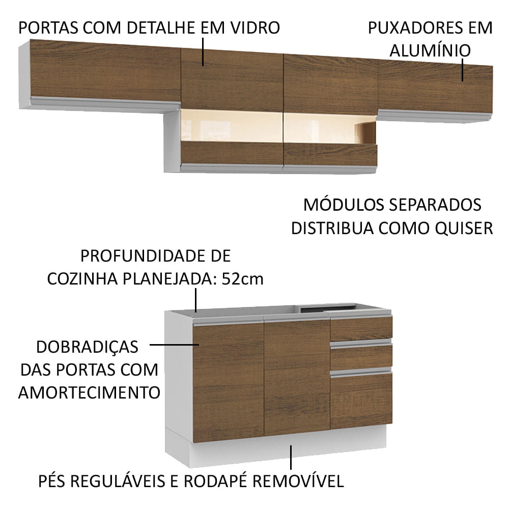 Armário de Cozinha Compacta 280cm Branco/Rustic Marina Madesa 01