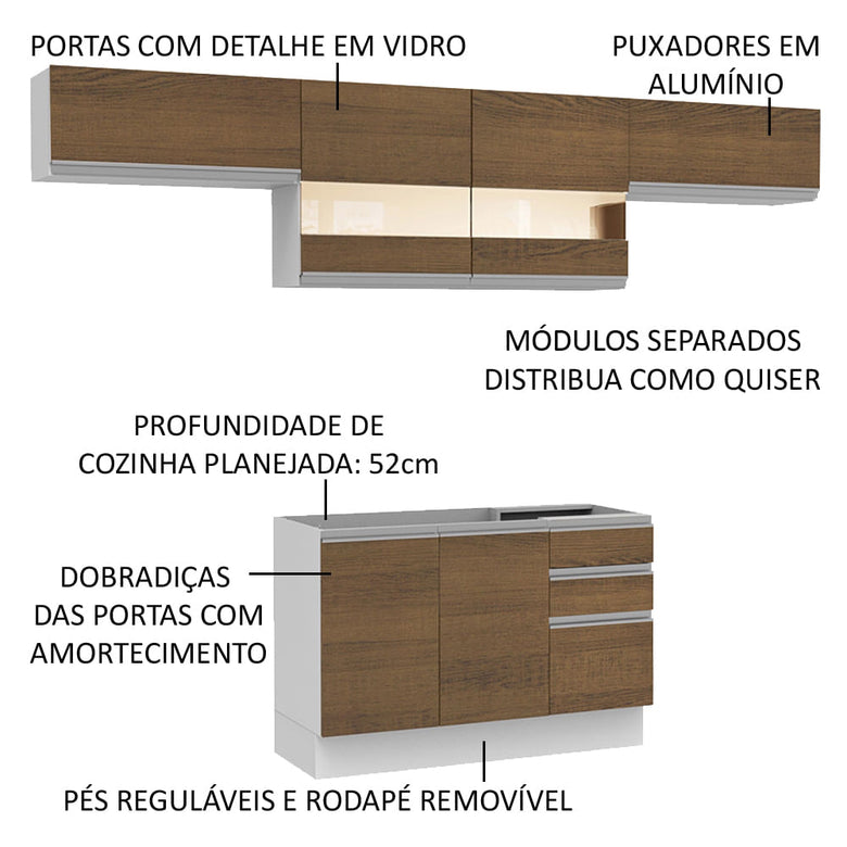 Armário de Cozinha Compacta 280cm Branco/Rustic Marina Madesa 01