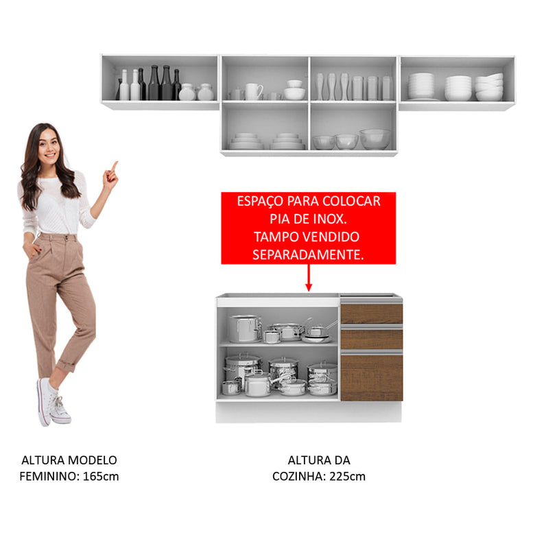 Armário de Cozinha Compacta 280cm Branco/Rustic Marina Madesa 01