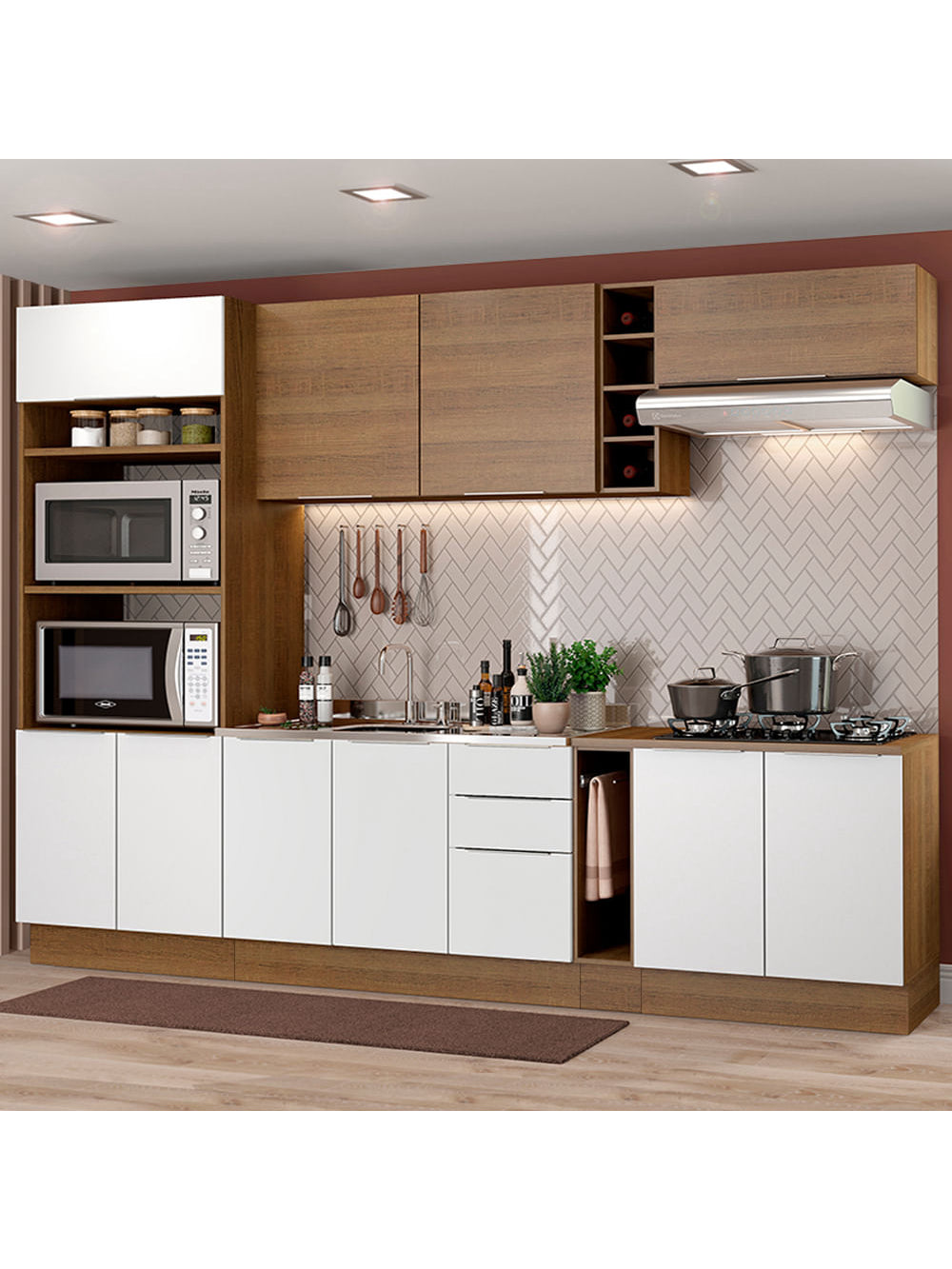 Armário de Cozinha Completa 290cm Rustic/Branco/Rustic Stella Madesa 01 - Rustic/Branco