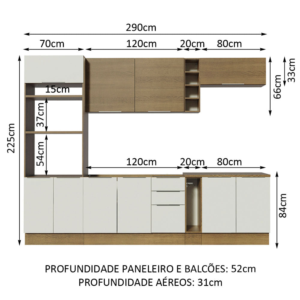 Armário de Cozinha Completa 290cm Rustic/Branco/Rustic Stella Madesa 01