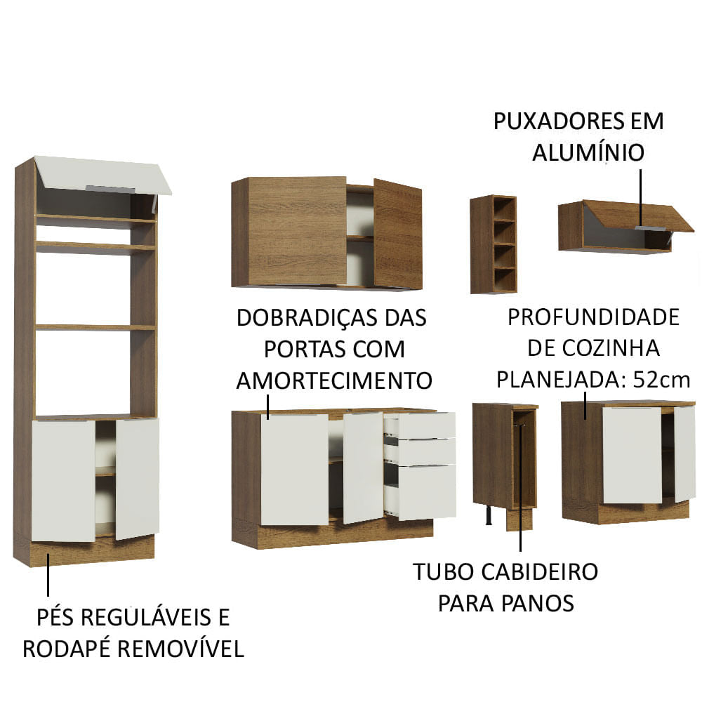 Armário de Cozinha Completa 290cm Rustic/Branco/Rustic Stella Madesa 01