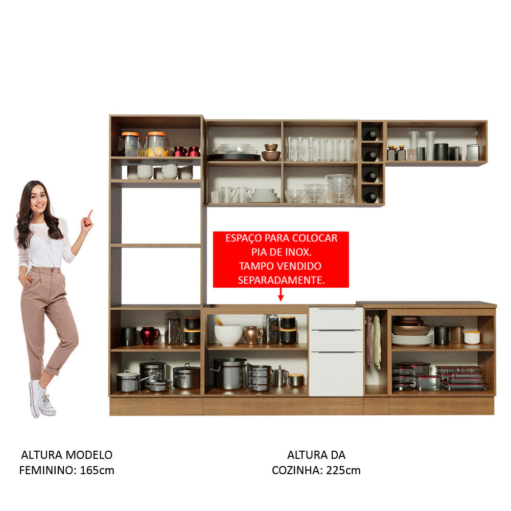 Armário de Cozinha Completa 290cm Rustic/Branco/Rustic Stella Madesa 01