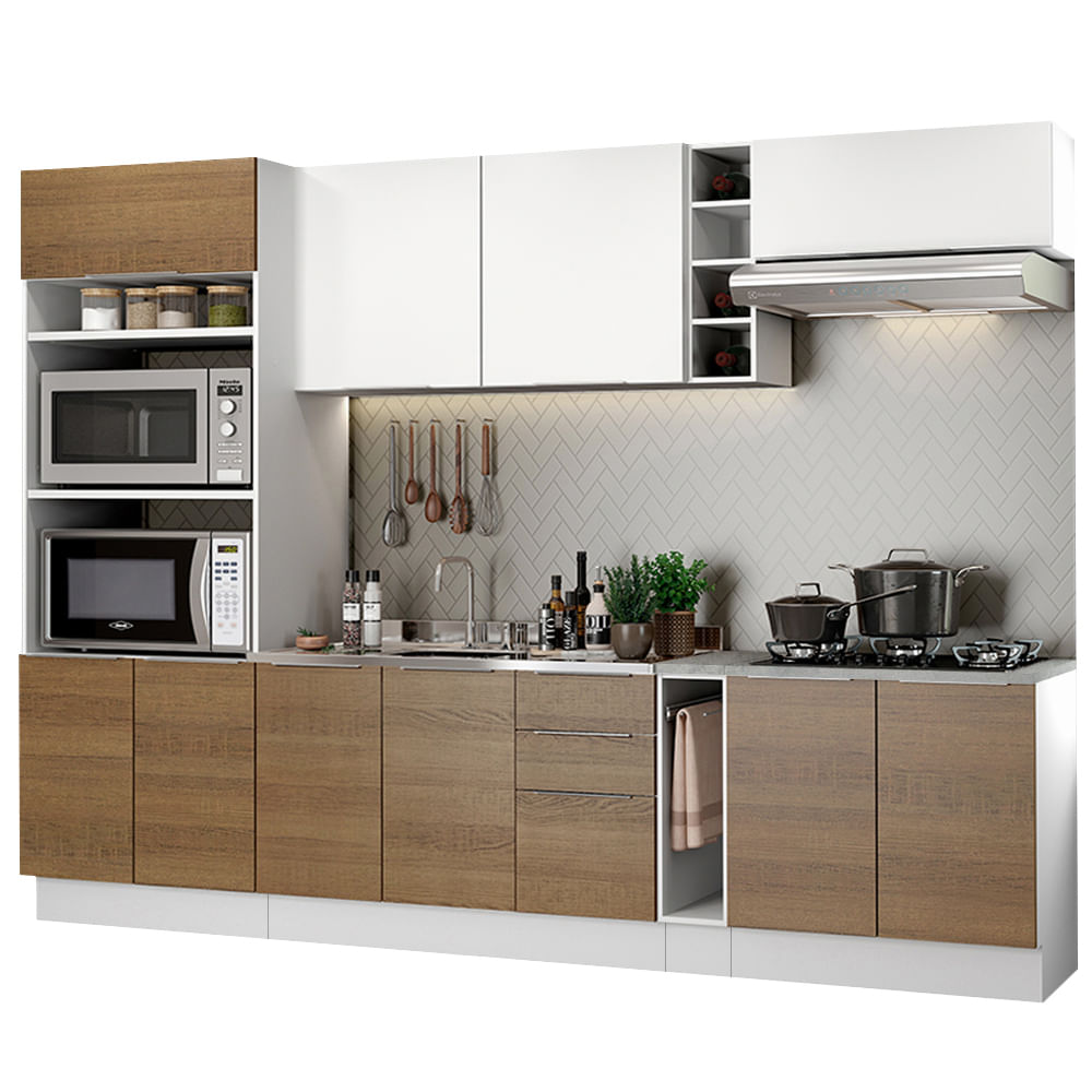 Armário de Cozinha Completa 290cm Branco/Rustic/Branco Stella Madesa 01 - Branco/Rustic