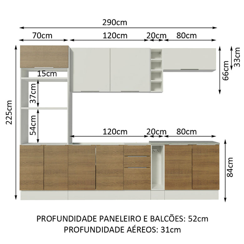Armário de Cozinha Completa 290cm Branco/Rustic/Branco Stella Madesa 01