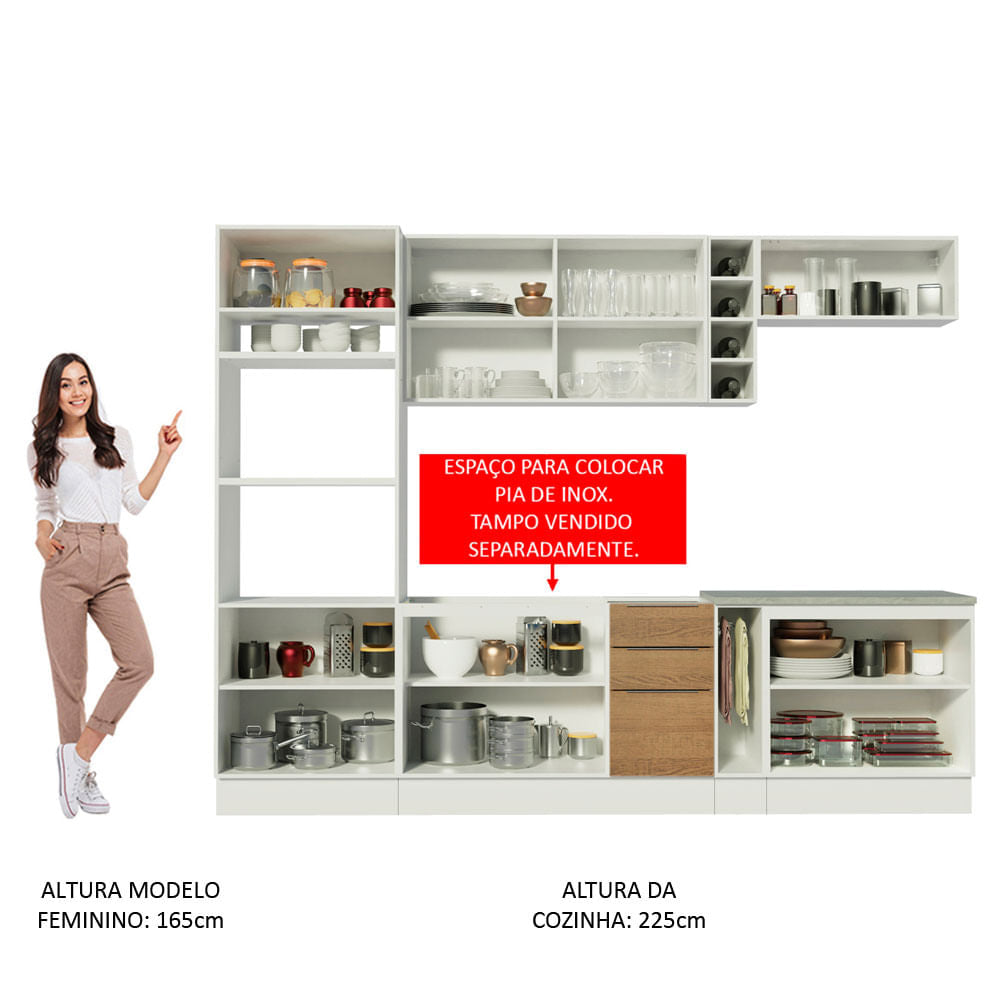 Armário de Cozinha Completa 290cm Branco/Rustic/Branco Stella Madesa 01