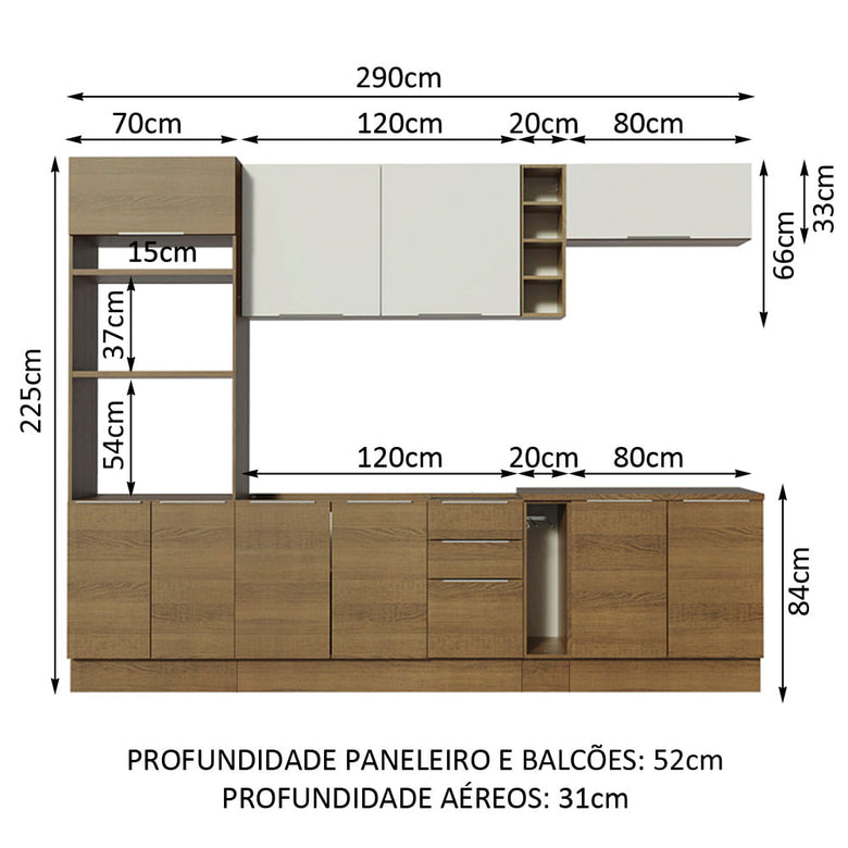 Armário de Cozinha Completa 290cm Rustic/Rustic/Branco Stella Madesa 01