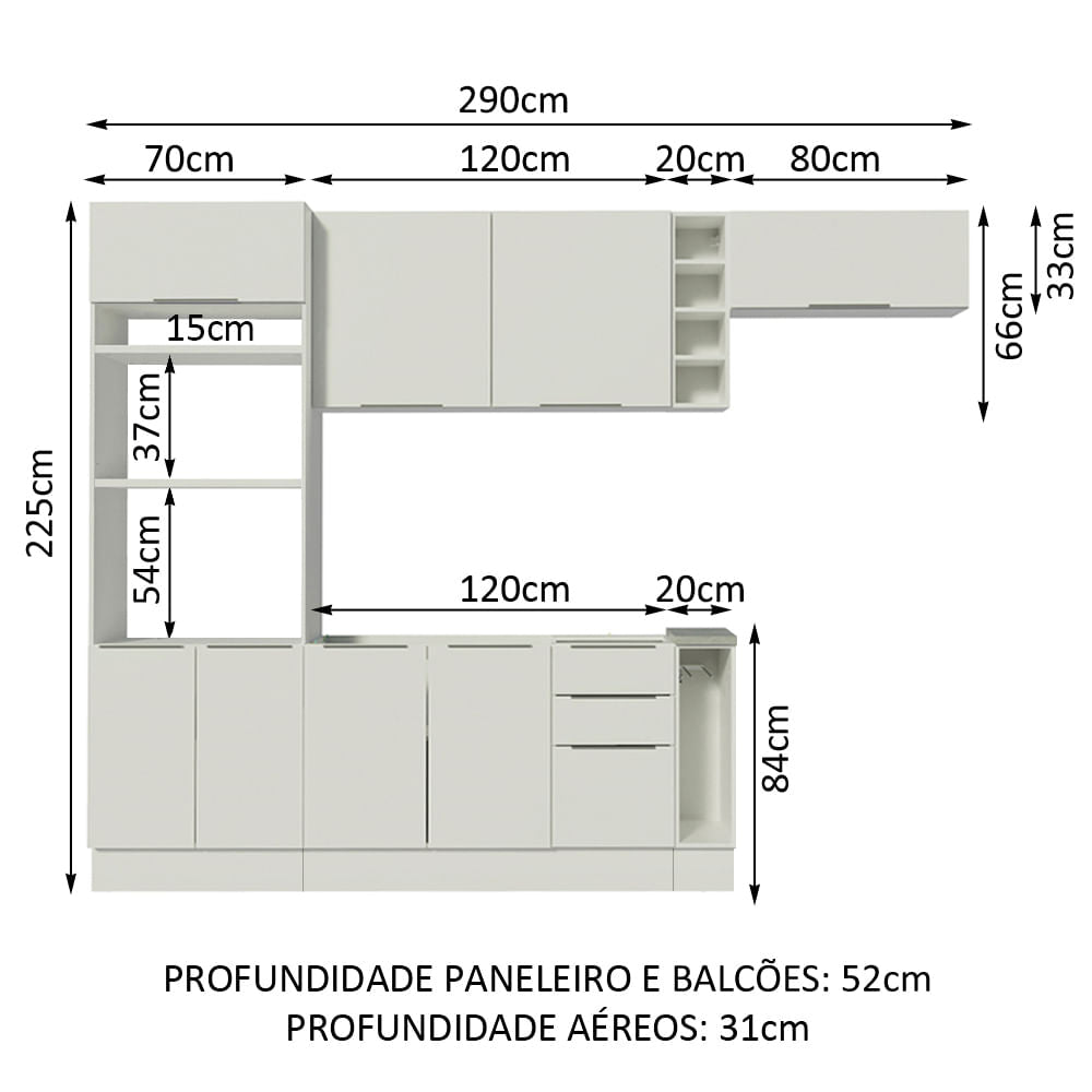 Armário de Cozinha Completa 290cm Branco Stella Madesa 02