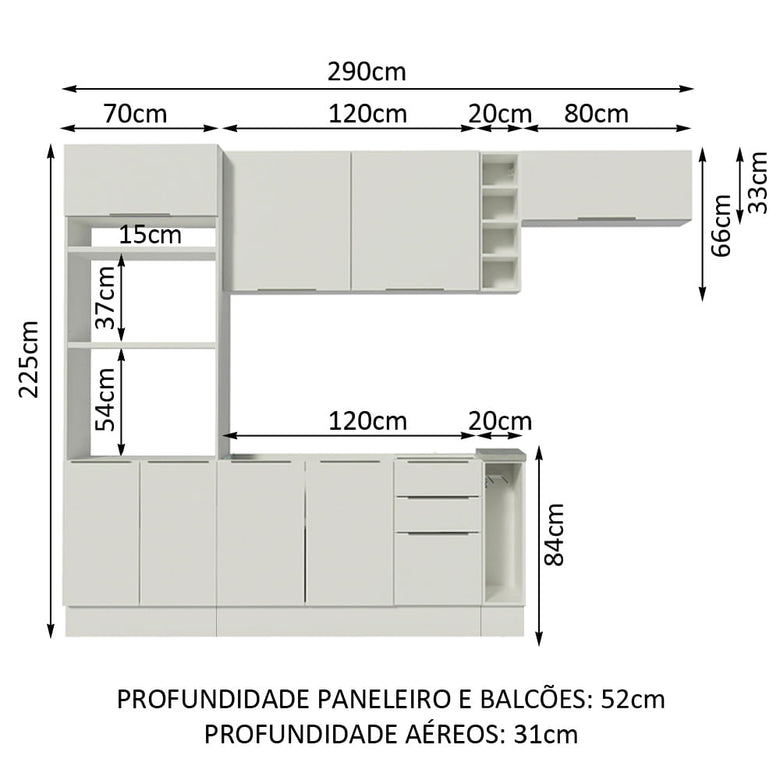 Armário de Cozinha Completa 290cm Branco Stella Madesa 02