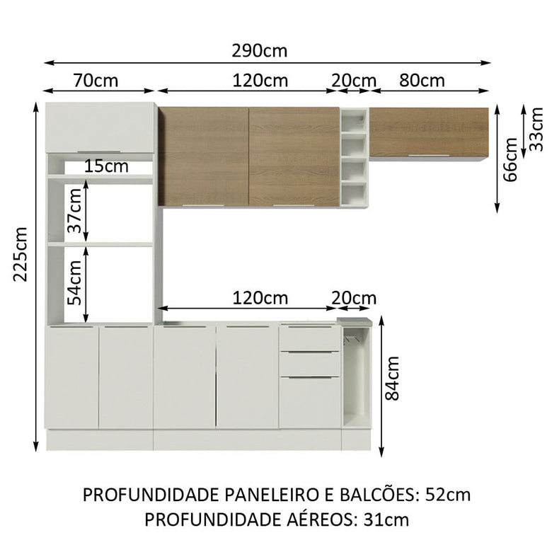 Armário de Cozinha Completa 290cm Branco/Branco/Rustic Stella Madesa 02