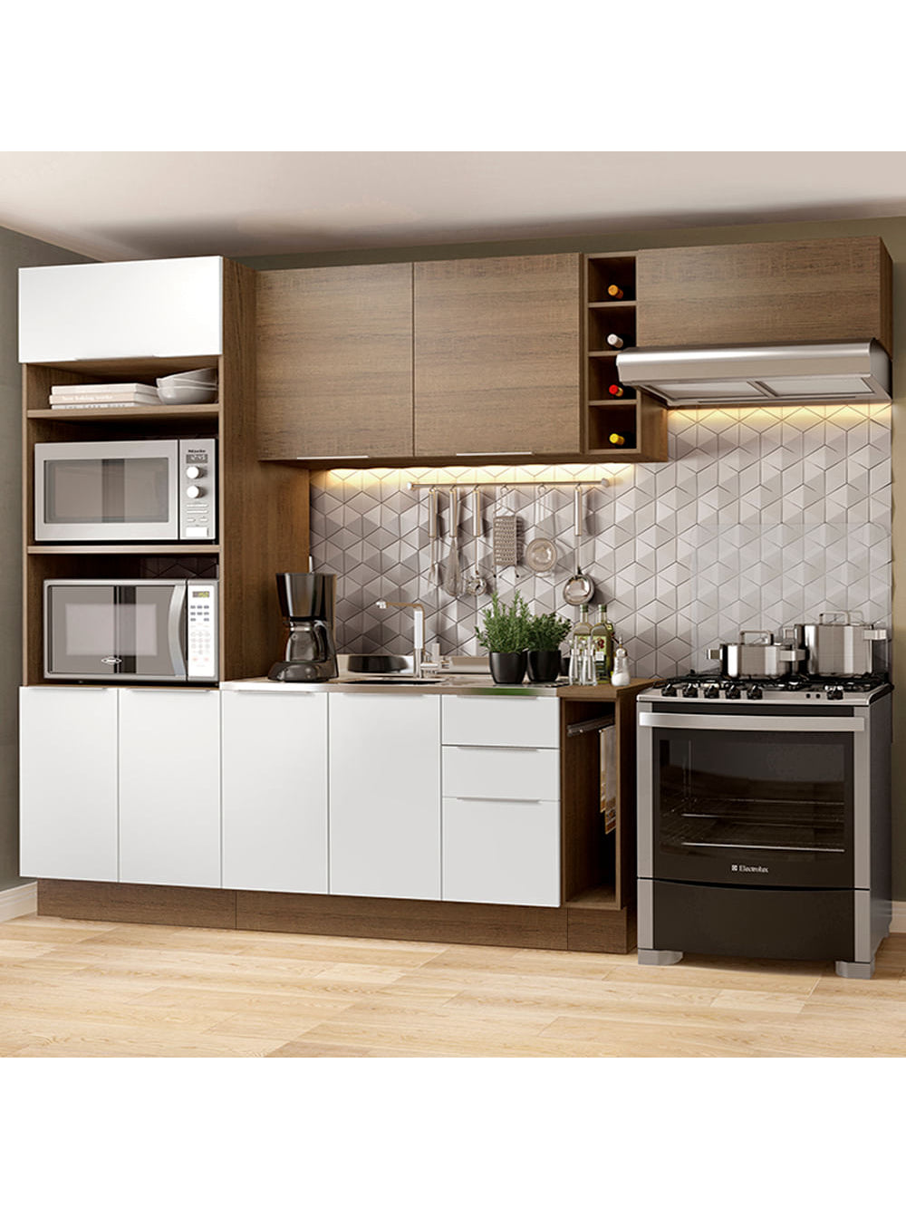 Armário de Cozinha Completa 290cm Rustic/Branco/Rustic Stella Madesa 02 - Rustic/Branco/Rustic