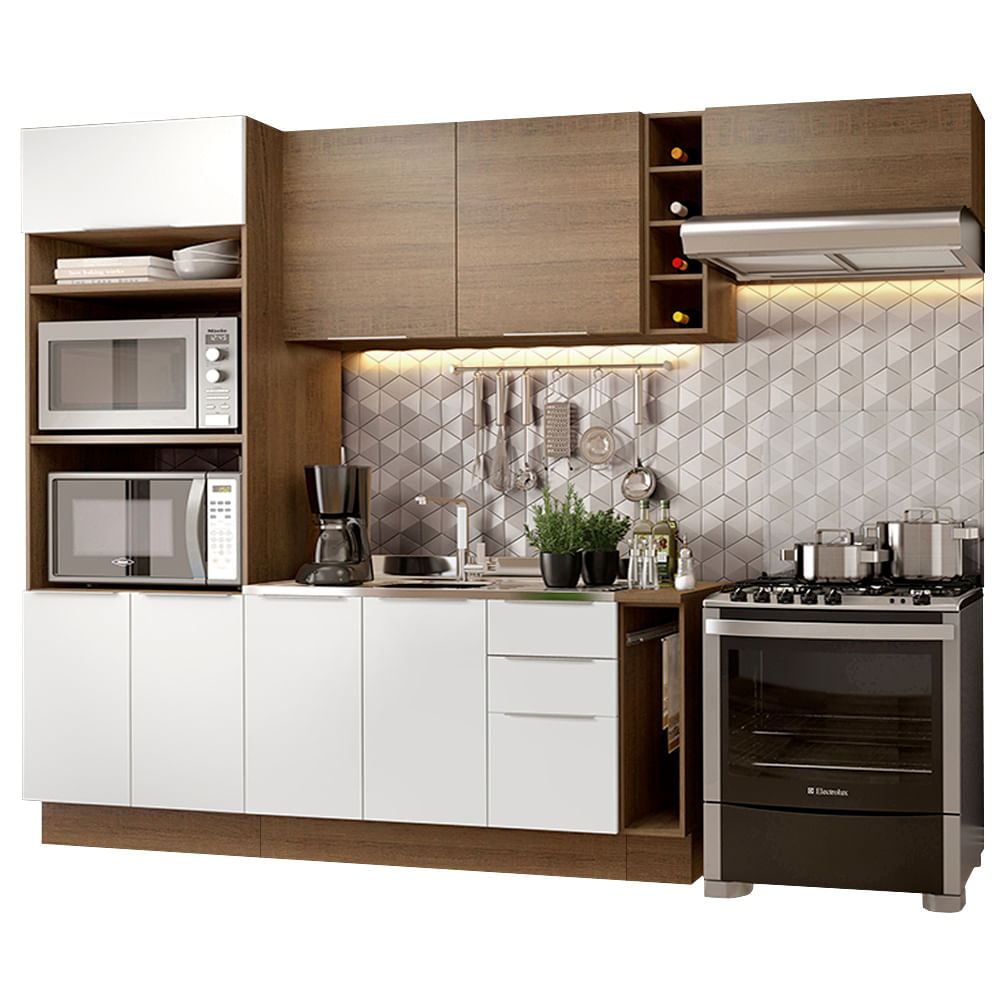 Armário de Cozinha Completa 290cm Rustic/Branco/Rustic Stella Madesa 02 - Rustic/Branco/Rustic