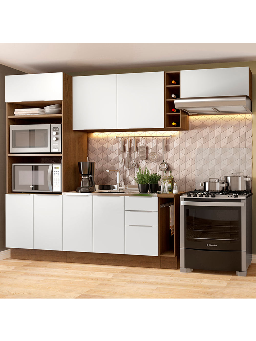 Armário de Cozinha Completa 290cm Rustic/Branco Stella Madesa 02 - Rustic/Branco