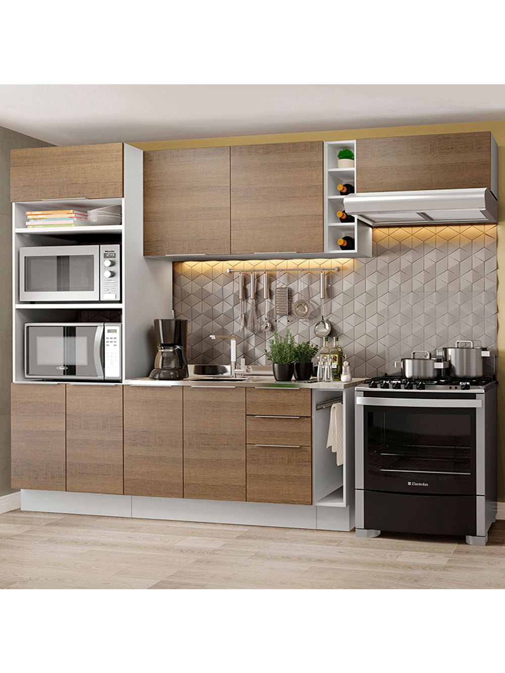 Armário de Cozinha Completa 290cm Branco/Rustic Stella Madesa 02 - Branco/Rustic