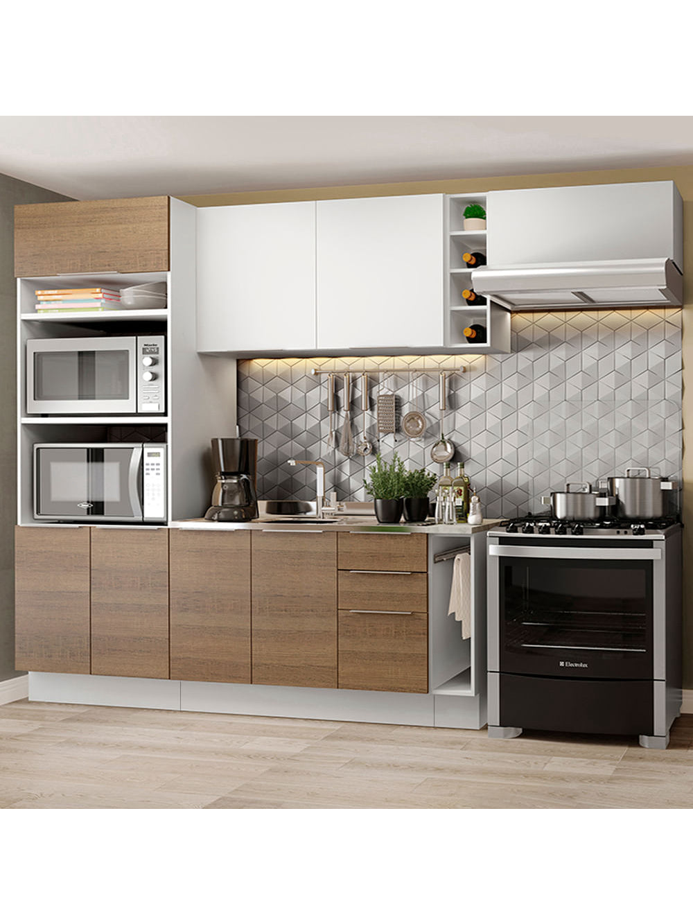 Armário de Cozinha Completa 290cm Branco/Rustic/Branco Stella Madesa 02 - Branco/Rustic