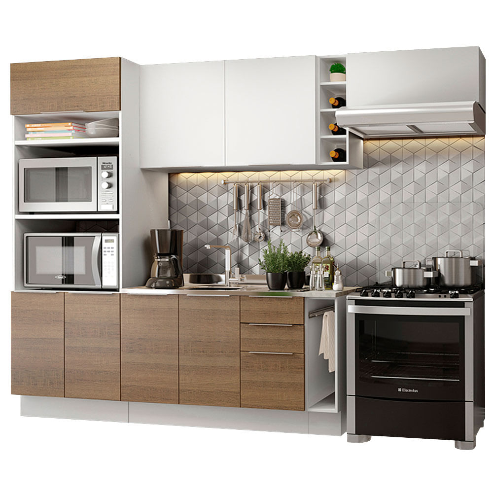 Armário de Cozinha Completa 290cm Branco/Rustic/Branco Stella Madesa 02 - Branco/Rustic