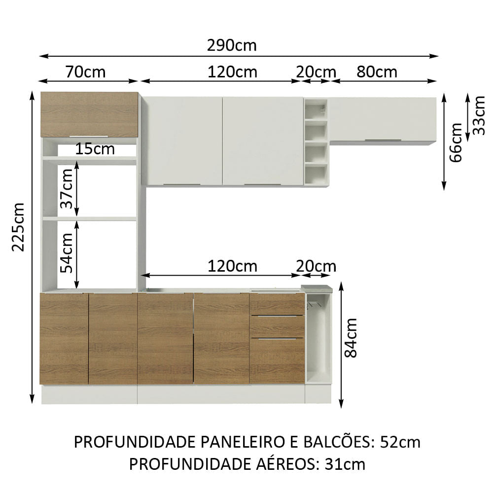 Armário de Cozinha Completa 290cm Branco/Rustic/Branco Stella Madesa 02