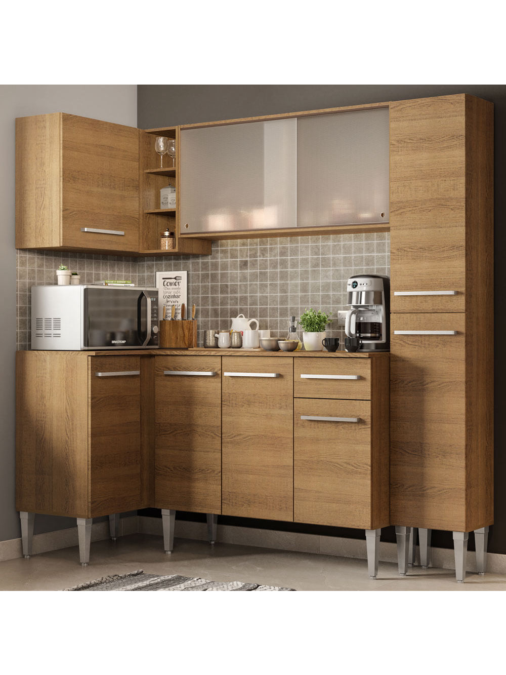 Armário de Cozinha Completa de Canto 261cm Rustic Emilly Face Madesa 02 - Rustic