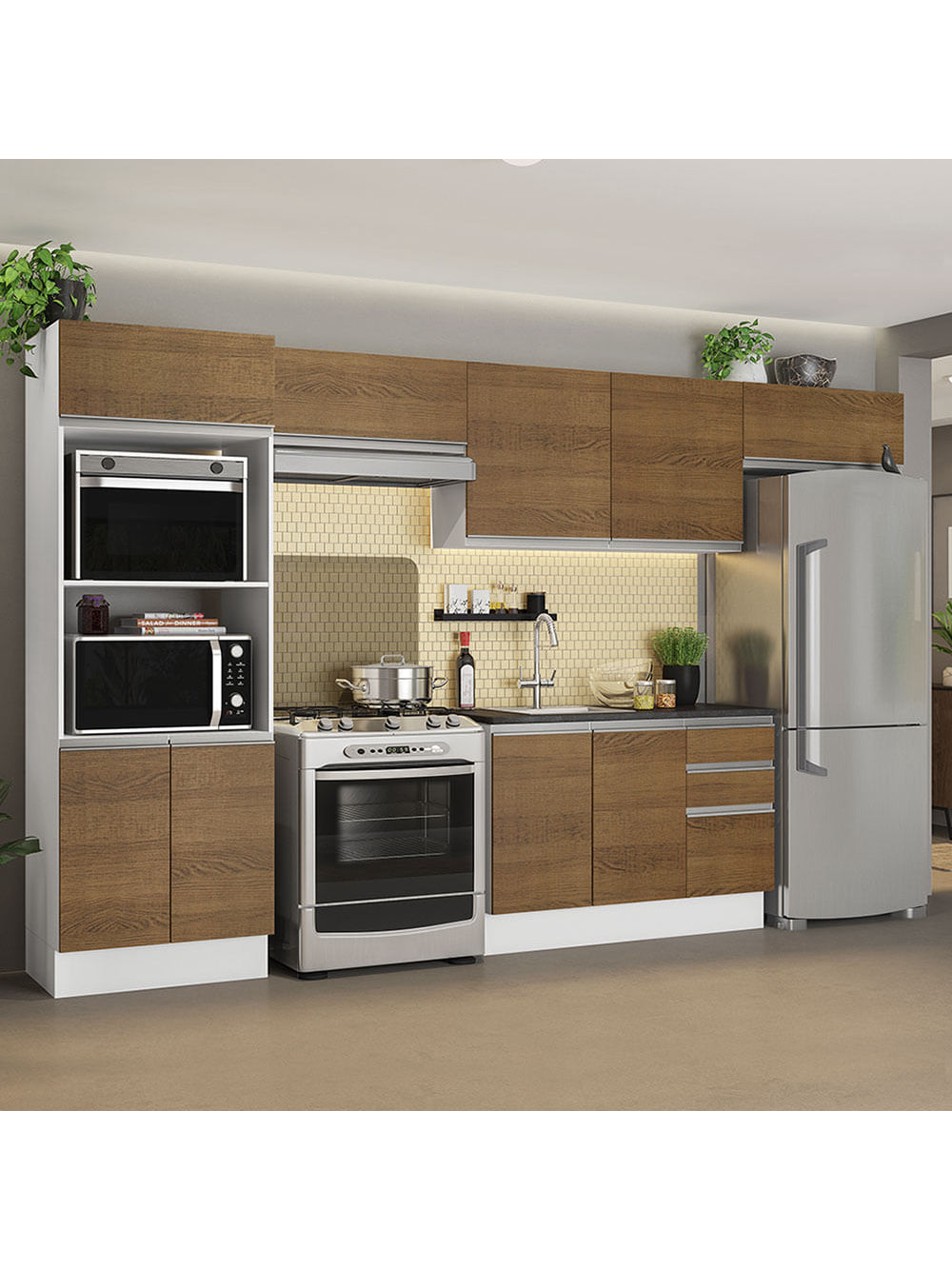 Armário de Cozinha Completa 100% MDF 350cm Rustic/Branco Acordes Madesa 01 - Rustic/Branco