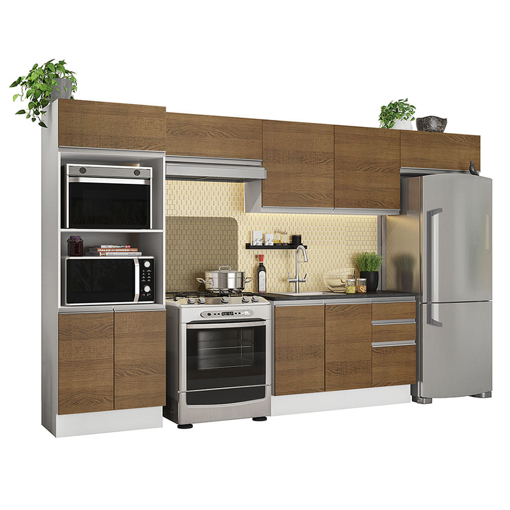Armário de Cozinha Completa 100% MDF 350cm Rustic/Branco Acordes Madesa 01 - Rustic/Branco