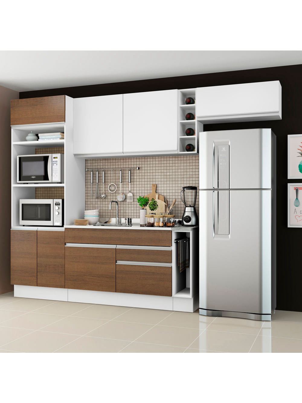 Armário de Cozinha Completa 290cm Rustic/Branco Safira Madesa 04 - Rustic/Branco