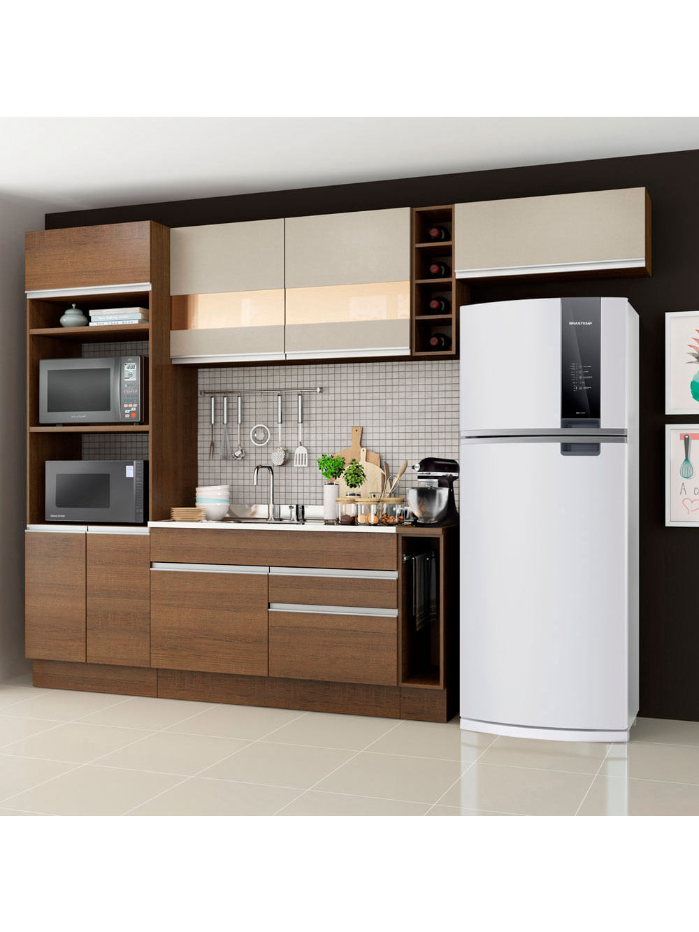 Armário de Cozinha Completa 290cm Rustic/Crema Safira Madesa 03 - Rustic/Crema