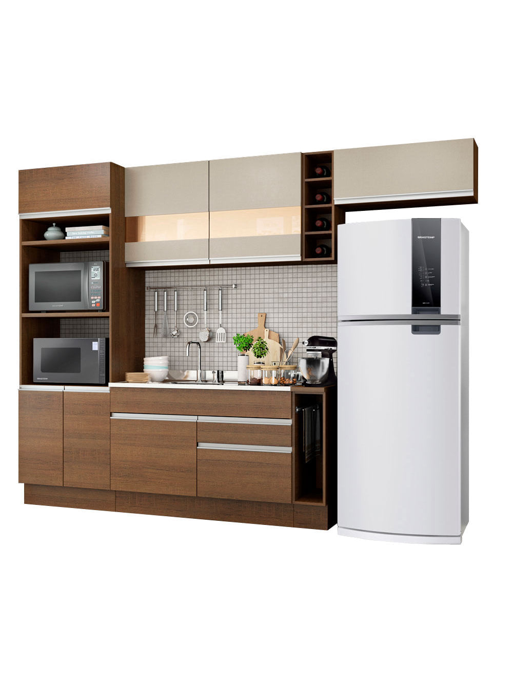 Armário de Cozinha Completa 290cm Rustic/Crema Safira Madesa 03 - Rustic/Crema