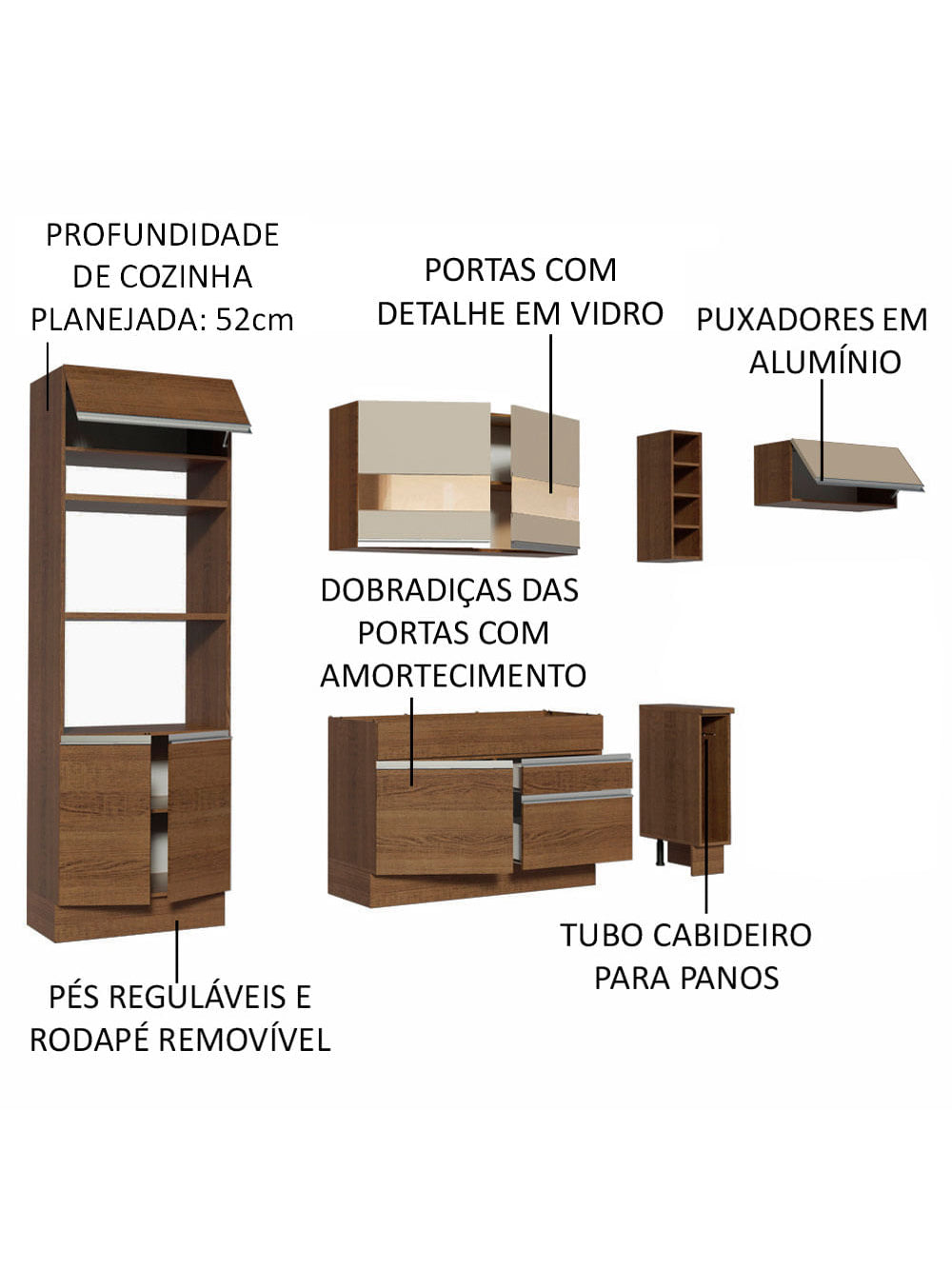 Armário de Cozinha Completa 290cm Rustic/Crema Safira Madesa 03