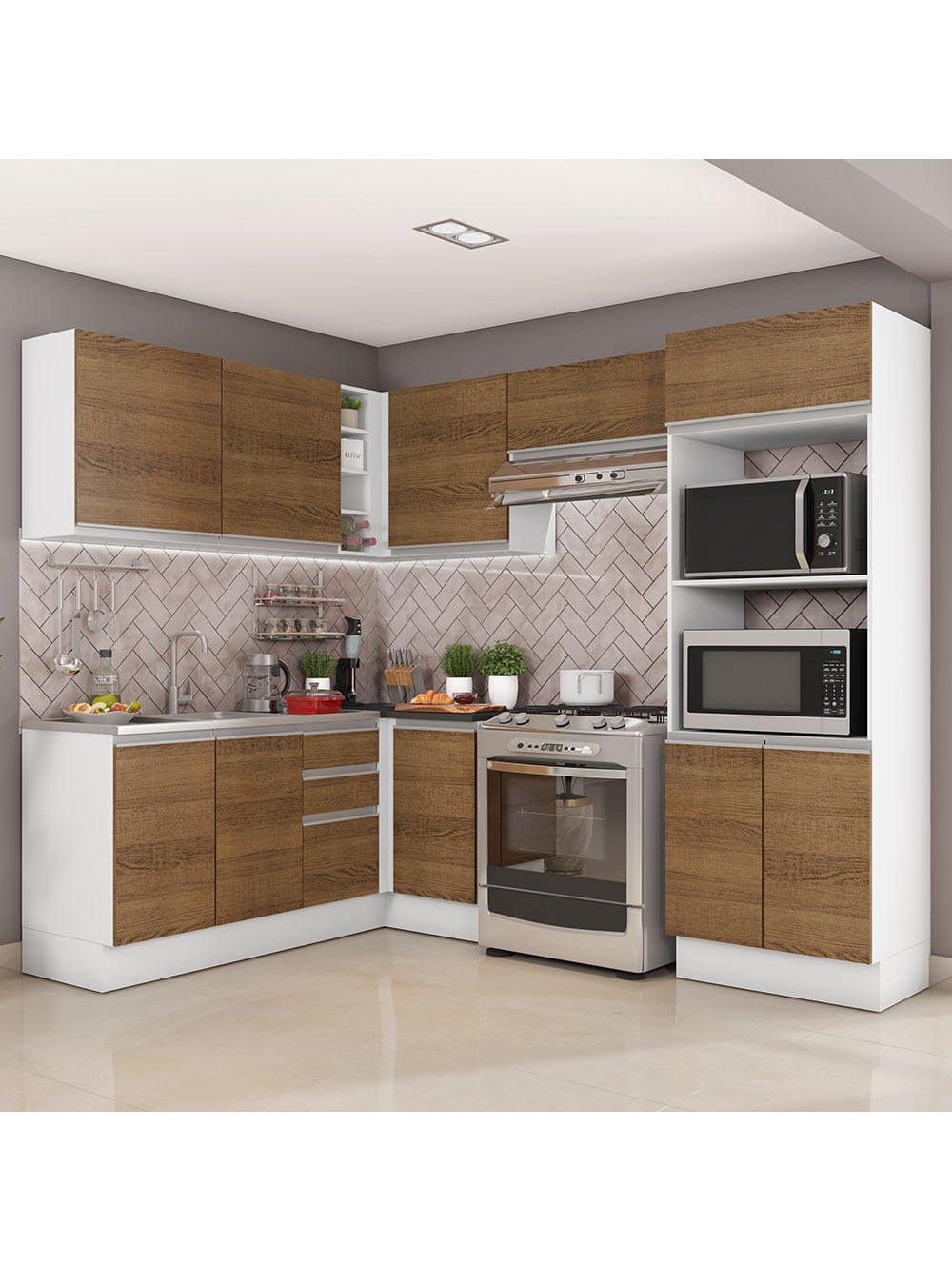 Armário de Cozinha Completa de Canto 100% MDF 419cm Rustic/Branco Acordes Madesa 01 - Rustic/Branco