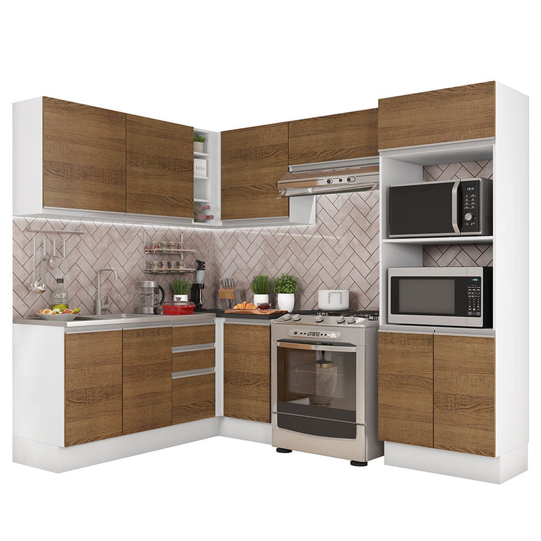 Armário de Cozinha Completa de Canto 100% MDF 419cm Rustic/Branco Acordes Madesa 01