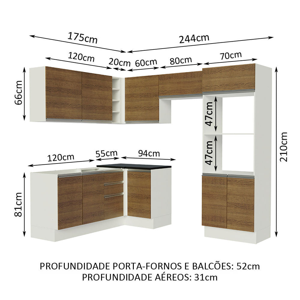 Armário de Cozinha Completa de Canto 100% MDF 419cm Rustic/Branco Acordes Madesa 01