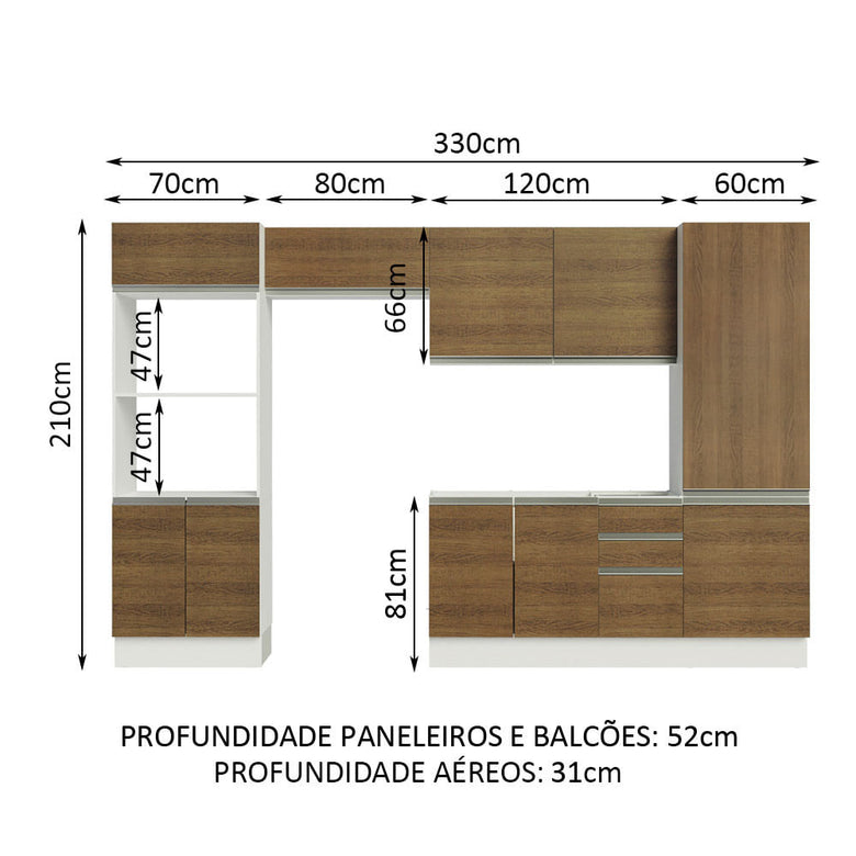 Armário de Cozinha Completa 100% MDF 330cm Rustic/Branco Acordes Madesa 02