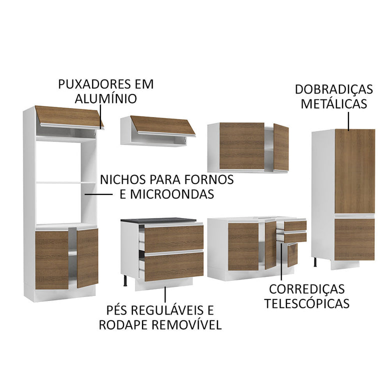 Armário de Cozinha Completa 100% MDF 330cm Rustic/Branco Acordes Madesa 02