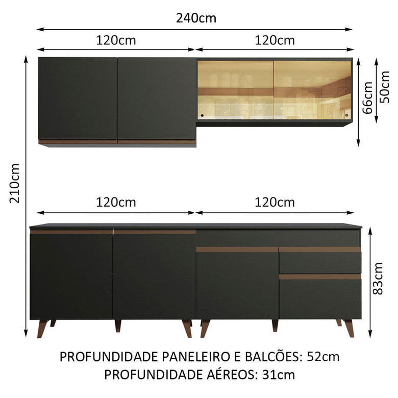 Armário de Cozinha Completa 240cm Preto Reims Madesa 01