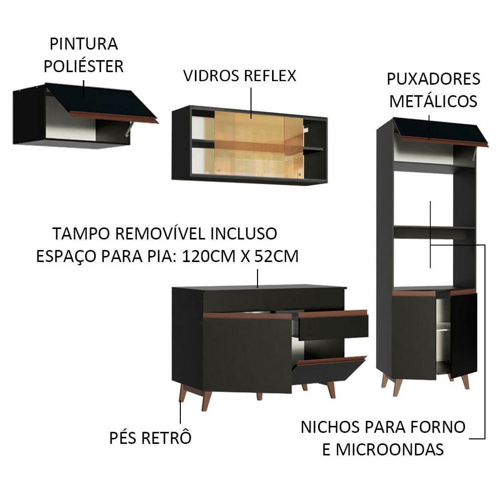 Armário de Cozinha Completa 260cm Preto Reims Madesa 01