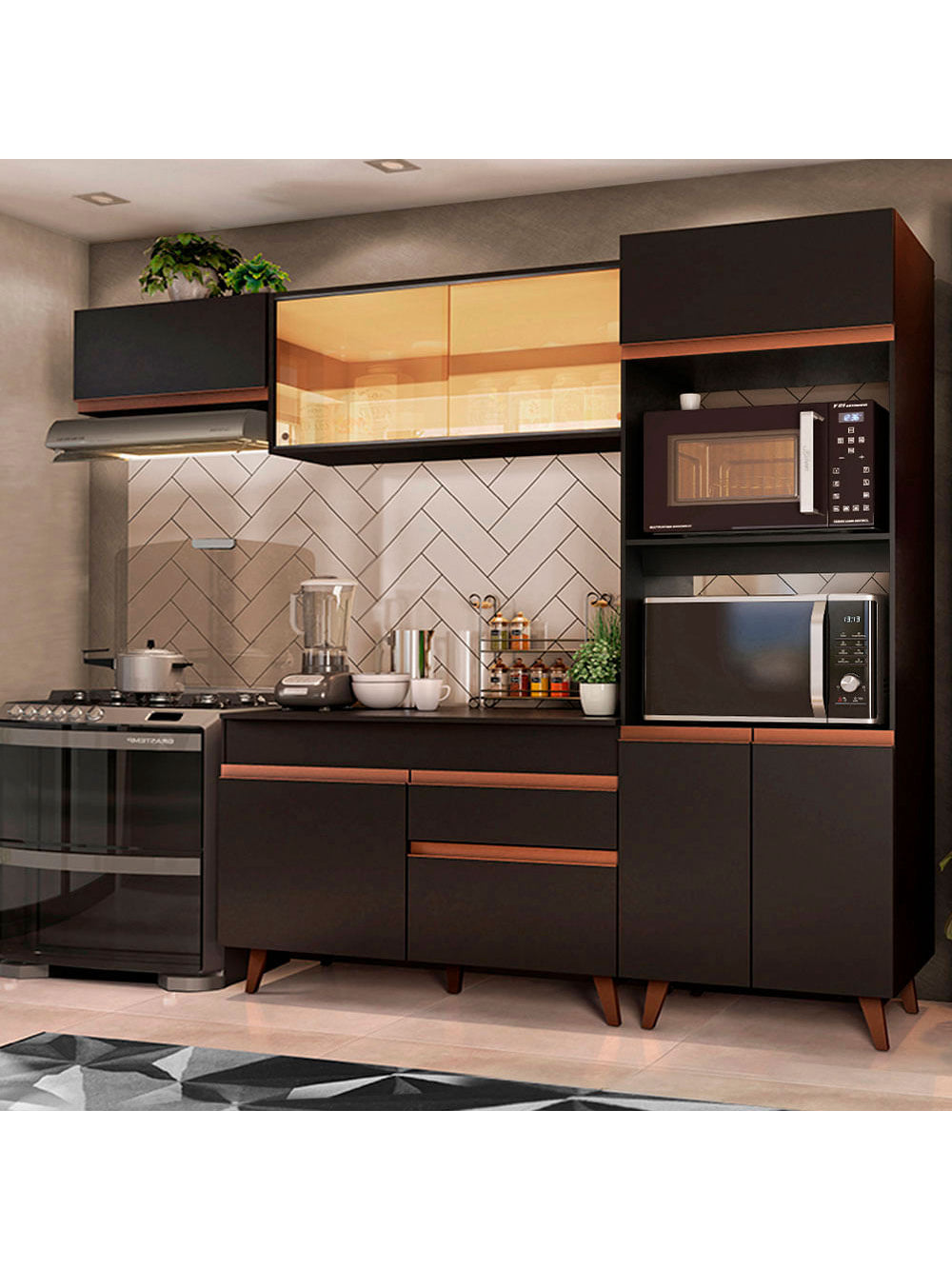 Armário de Cozinha Completa 260cm Preto Reims Madesa XA01 - Preto