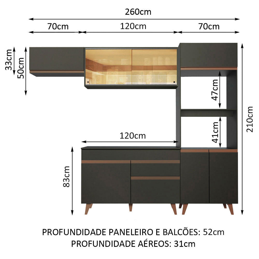 Armário de Cozinha Completa 260cm Preto Reims Madesa XA01