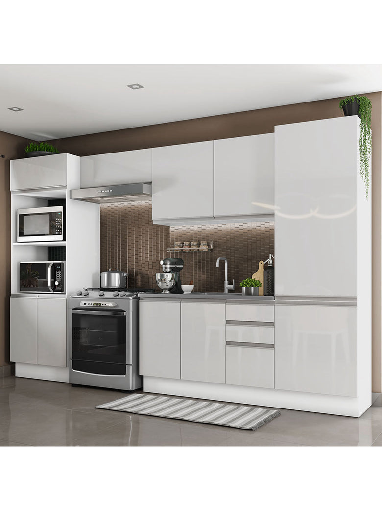 Armário de Cozinha Completa 100% MDF 330cm Frentes Branco Brilho Acordes Madesa 02
