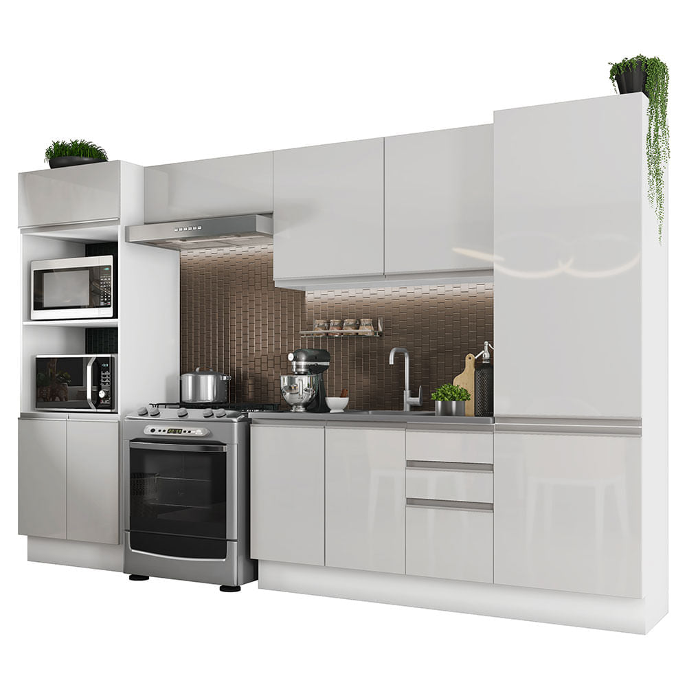 Armário de Cozinha Completa 100% MDF 330cm Frentes Branco Brilho Acordes Madesa 02 - Branco/Rustic