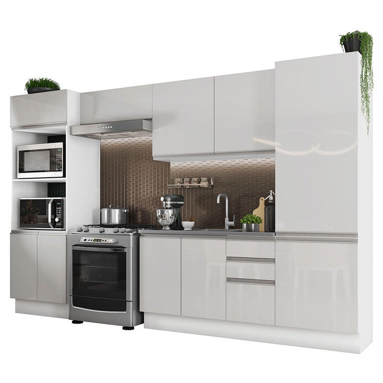 Armário de Cozinha Completa 100% MDF 330cm Frentes Branco Brilho Acordes Madesa 02