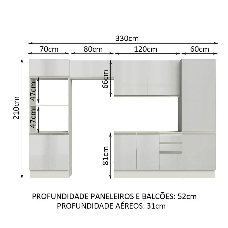 Armário de Cozinha Completa 100% MDF 330cm Frentes Branco Brilho Acordes Madesa 02