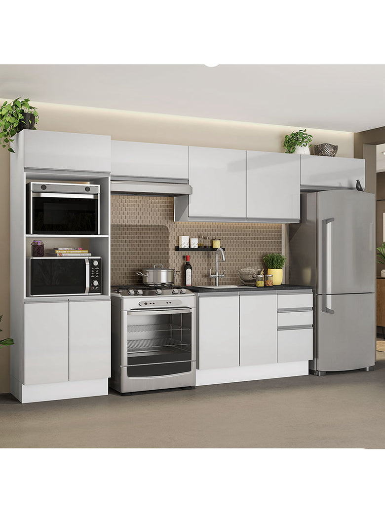 Armário de Cozinha Completa 100% MDF 350cm Frentes Branco Brilho Acordes Madesa 01