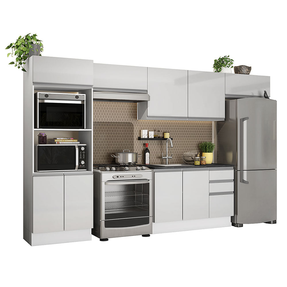 Armário de Cozinha Completa 100% MDF 350cm Frentes Branco Brilho Acordes Madesa 01 - Branco